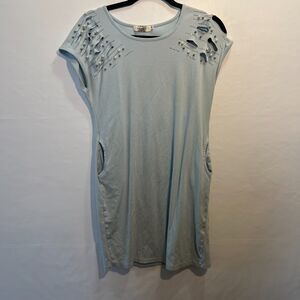 Julia Light Blue Shirt Dress Pockets with Shoulder Slits and Pearls Size L/XL